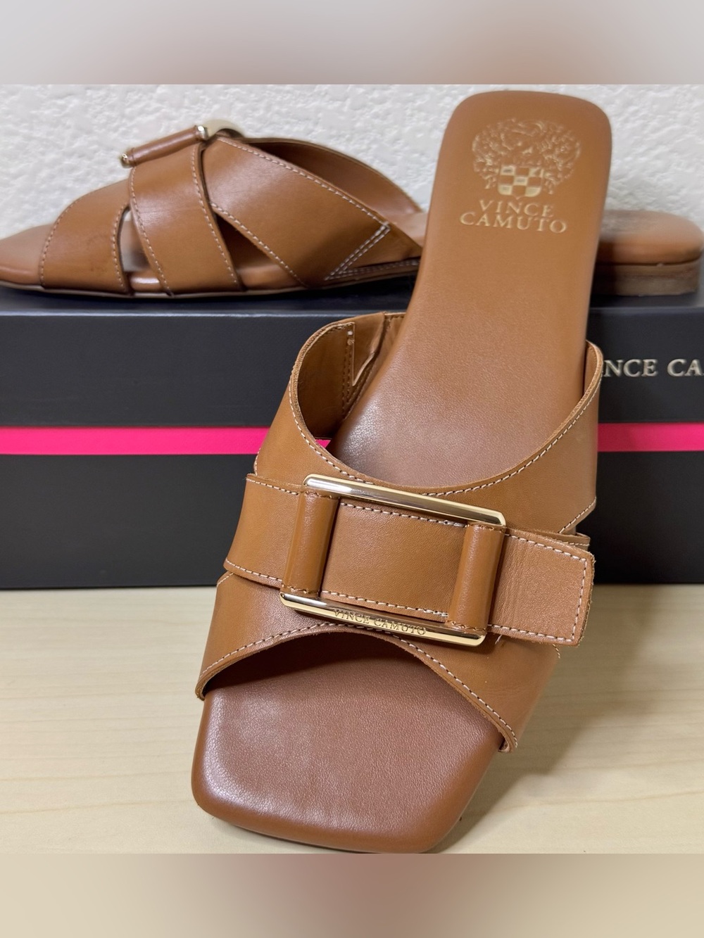Vince Camuto Alexino Slide Sandals 8.5 Brown Leather Gold Buckle Flat Square Toe